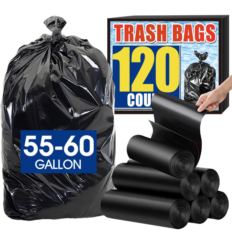 AROIC 120 Count 55-60 Gallon Trash Bags, Tear-Free Large Black Garbage Bags for Kitchen, Office, Outdoor, Commercial Use, Lawn and Leaf Bags, Lightweight 17 Micron Design for Daily Dry Waste - Image 1