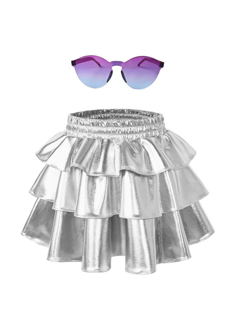 Girls' Sparkle Metallic Skirts 3-Layer Ruffle Sequin Tutu Dance Skirt with Sunglasses for Kids 6-15 Years (10Y)