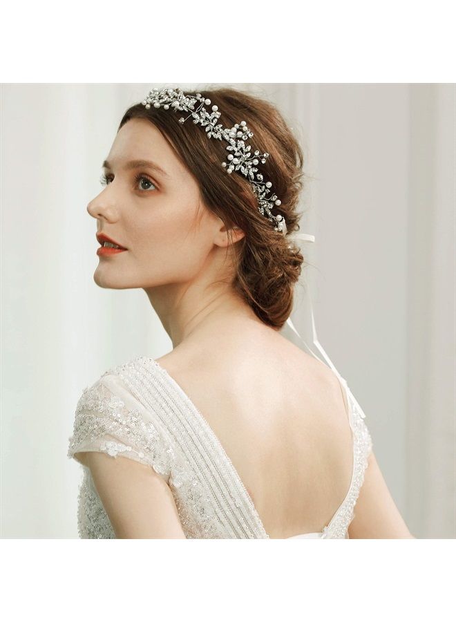 Bridal Headpiece Handmade Wedding Hair Vine Crystal Floral Leaf Headband with Satin Ribbon (Silver)