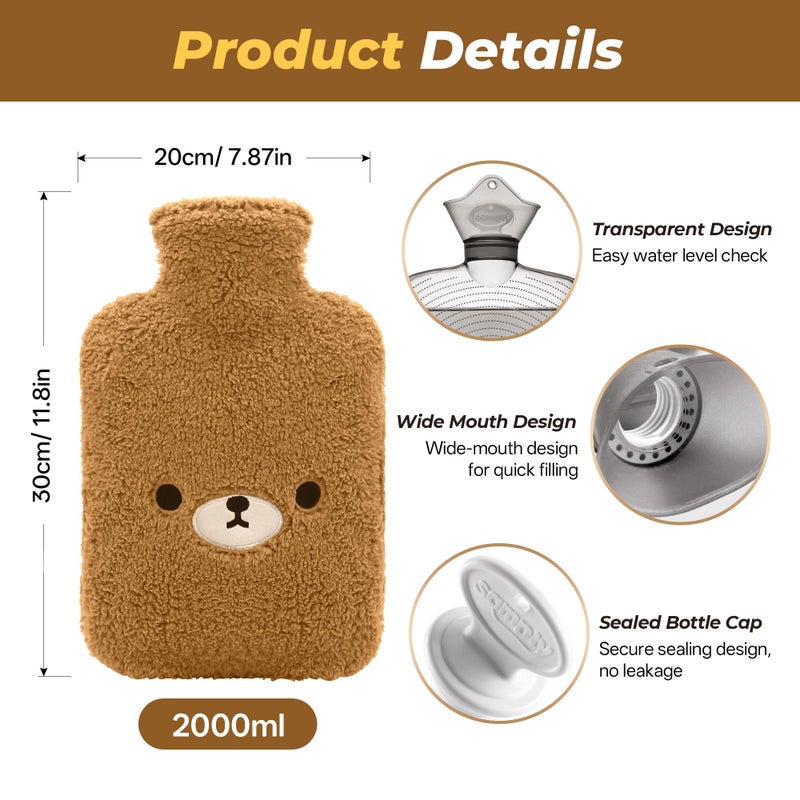 samply Hot Water Bottle with Cute Fleece Cover, Hot Water Bag for Hot and Cold Compress, Hand Feet Warmer, Neck and Shoulder Pain Relief, Brown Bear - Image 5