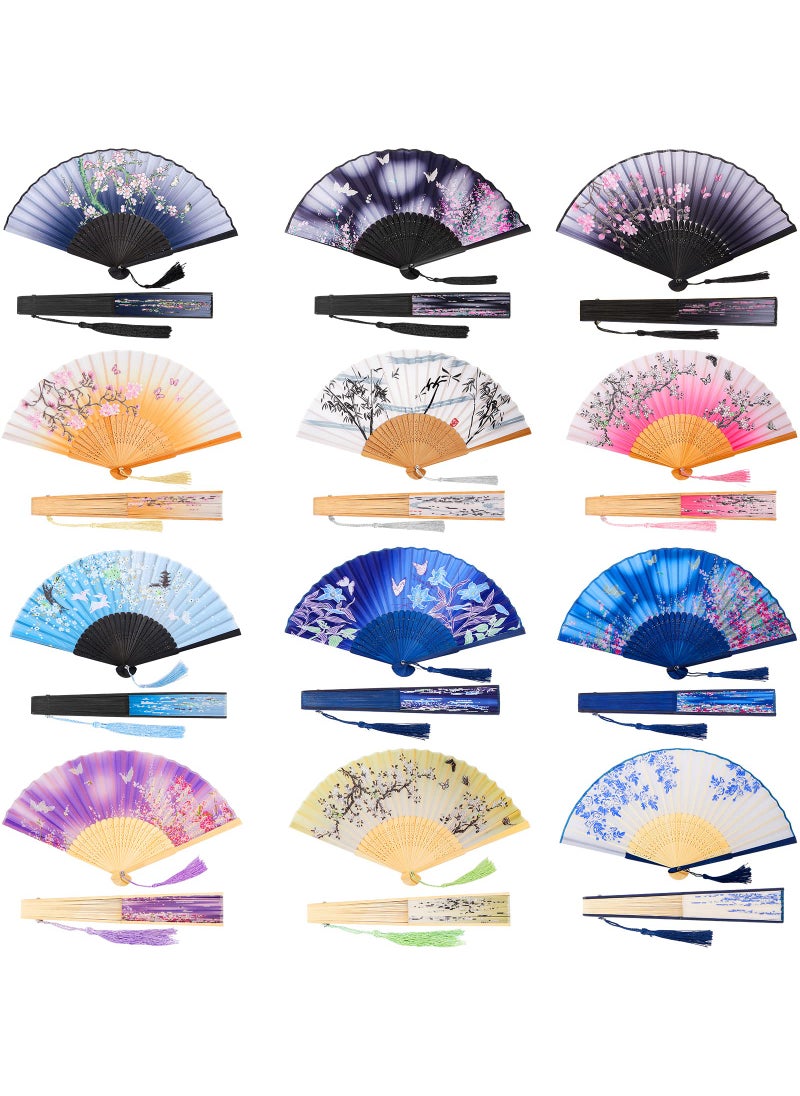 Jetec Jetec 12 Pcs Floral Folding Fans for Line Dancing Woman Bamboo Retro Pattern Hand Fans Chinese Style Handheld Fabric with Tassel Womens Hollowed Bulk for Cosplay WeddingClassic Style 