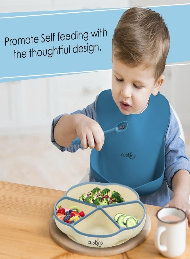 Cubkins Silicone Suction Plate, Bib with Early Feeding Bendable Spoon Set of 3 for Babies & Toddlers | BPA Free, Washable & Reusable Feeding Set for Kids, Toddlers (Blue Olive) - Image 2