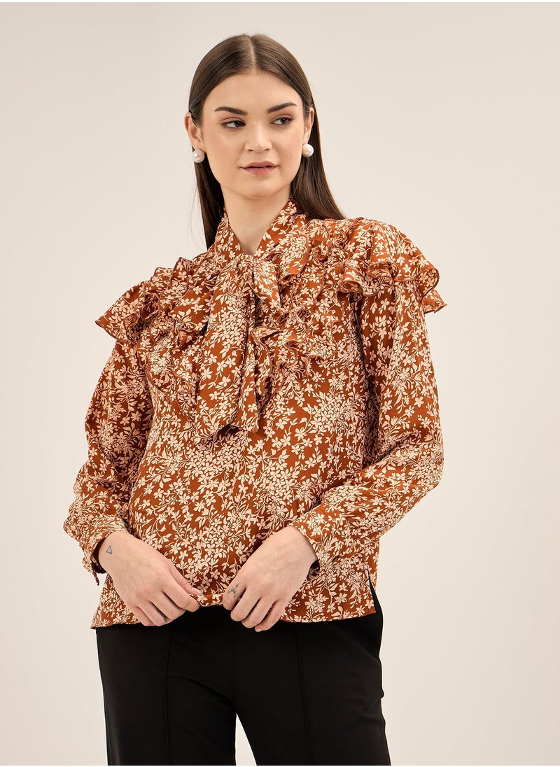 Salt Attire Women's Vibrant Multi-Color Floral Pattern Top with Stylish Tie-Up Neckline, Full Length Cuffed Sleeves, Ruffle Detail, and Side Slits Perfect for Effortless Summer Chic  - Image 1