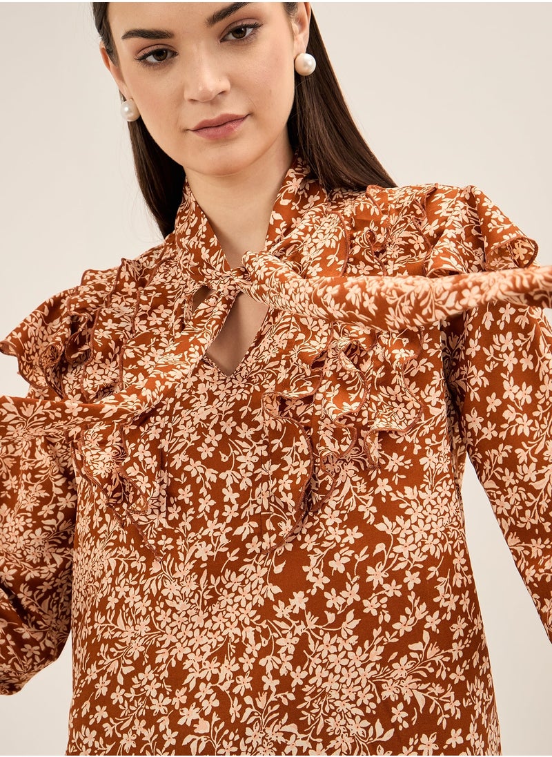 Salt Attire Women's Vibrant Multi-Color Floral Pattern Top with Stylish Tie-Up Neckline, Full Length Cuffed Sleeves, Ruffle Detail, and Side Slits Perfect for Effortless Summer Chic  - Image 2