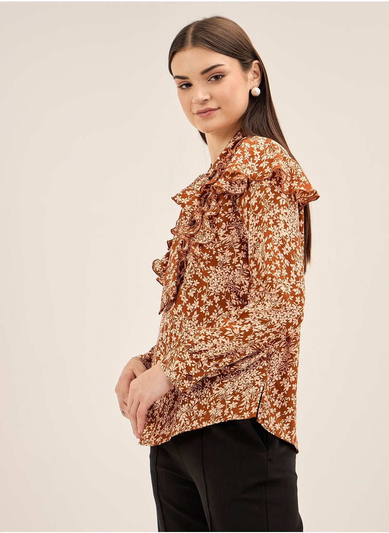 Salt Attire Women's Vibrant Multi-Color Floral Pattern Top with Stylish Tie-Up Neckline, Full Length Cuffed Sleeves, Ruffle Detail, and Side Slits Perfect for Effortless Summer Chic  - Image 4