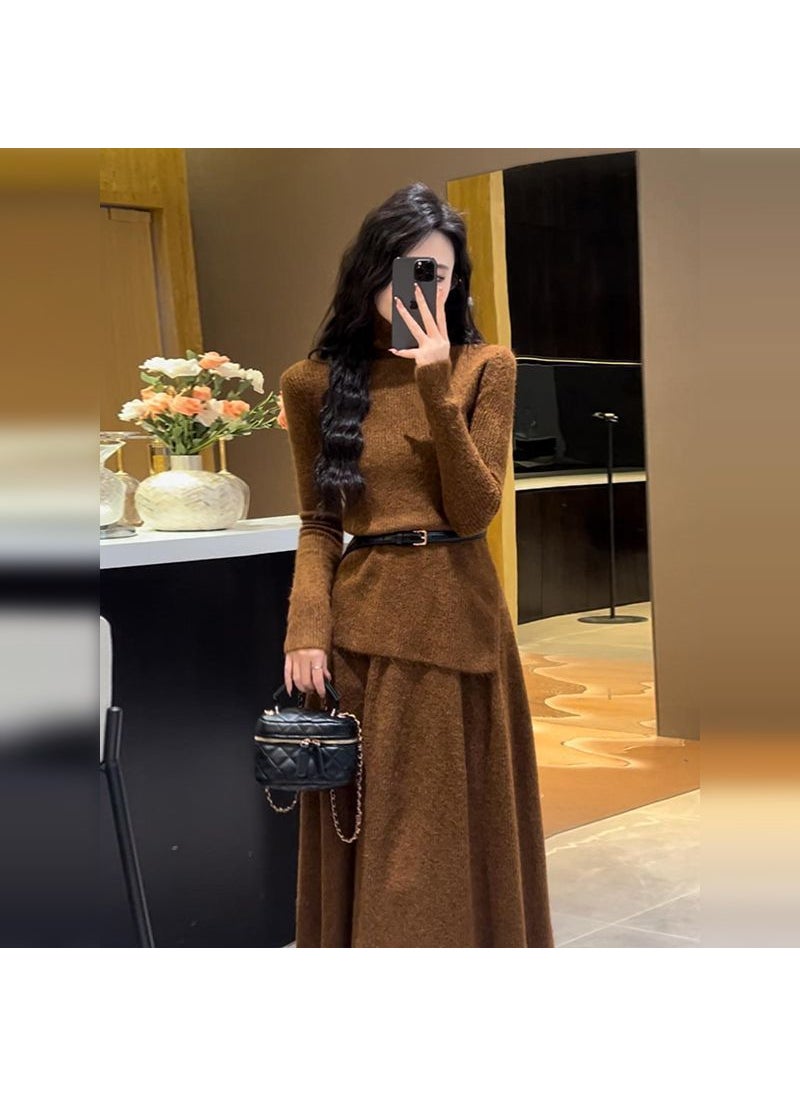 Generic - Fashionable Knit2-Piece Set Womens Clothing 2024 New Style Tea Color Coordination Pullovers Sweater Vest Ideal for Early Autumn Brown suit with free belt (quality assurance) - Image 1