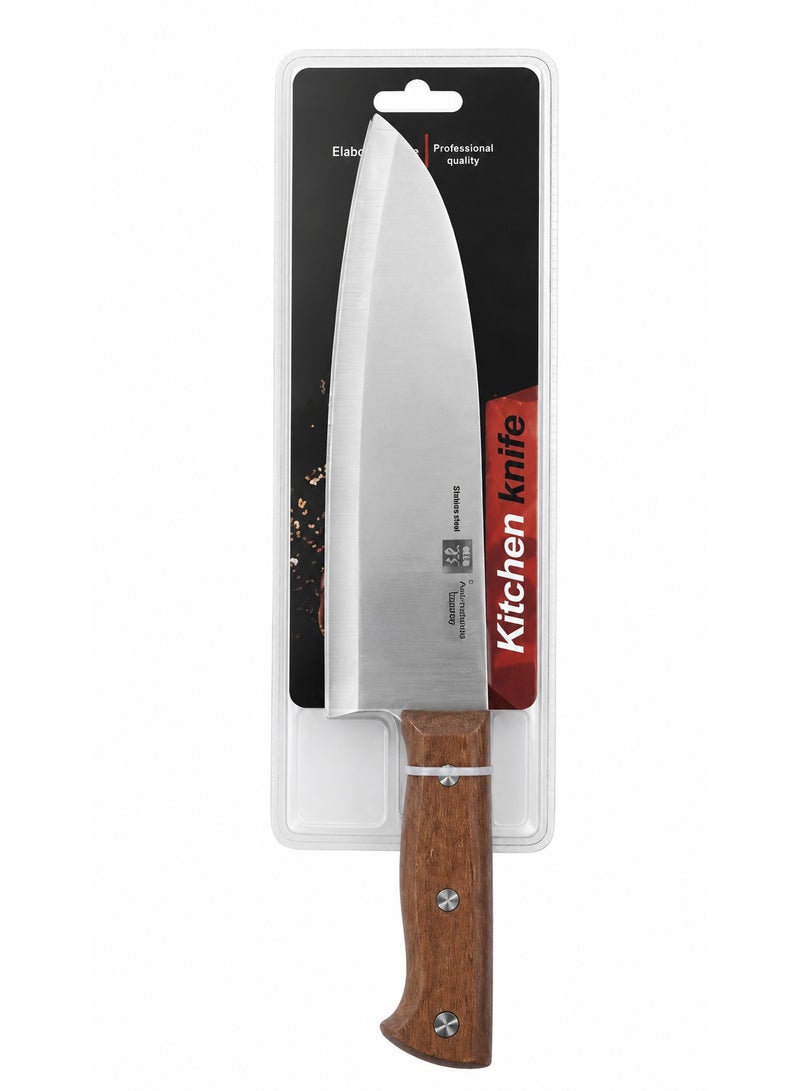 Chef Knife 32 cm Stainless Steel Anti-Rusting Blade Ergonomic Wood-Look Handle Food-Safe Dishwasher Safe for Meat Vegetables and Daily Cooking (Brown/Silver) - Image 1