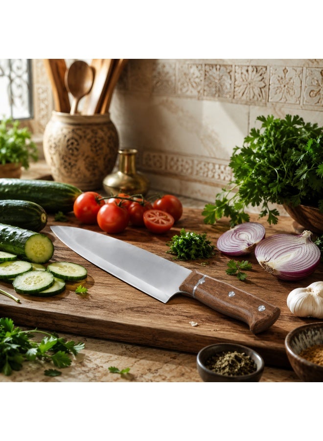 Chef Knife 32 cm Stainless Steel Anti-Rusting Blade Ergonomic Wood-Look Handle Food-Safe Dishwasher Safe for Meat Vegetables and Daily Cooking (Brown/Silver) - Image 3
