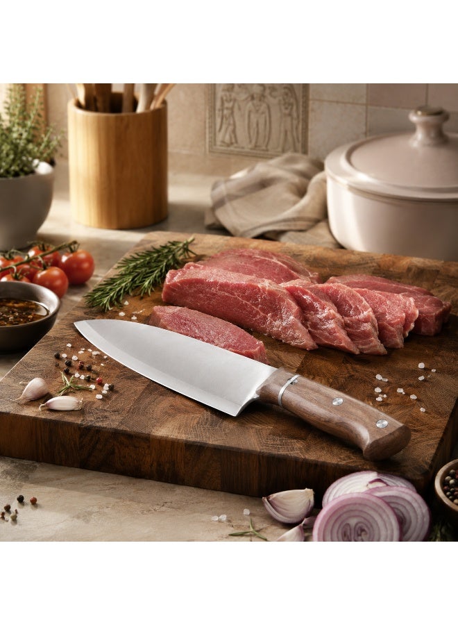 Chef Knife 32 cm Stainless Steel Anti-Rusting Blade Ergonomic Wood-Look Handle Food-Safe Dishwasher Safe for Meat Vegetables and Daily Cooking (Brown/Silver) - Image 2