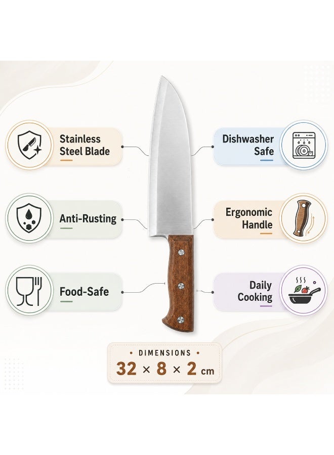 Chef Knife 32 cm Stainless Steel Anti-Rusting Blade Ergonomic Wood-Look Handle Food-Safe Dishwasher Safe for Meat Vegetables and Daily Cooking (Brown/Silver) - Image 4
