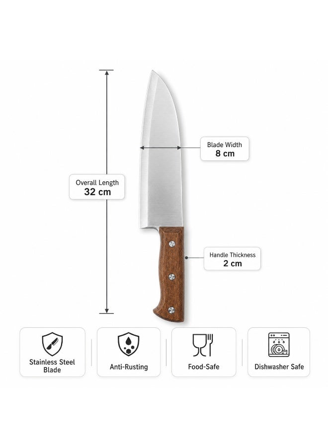 Chef Knife 32 cm Stainless Steel Anti-Rusting Blade Ergonomic Wood-Look Handle Food-Safe Dishwasher Safe for Meat Vegetables and Daily Cooking (Brown/Silver) - Image 5