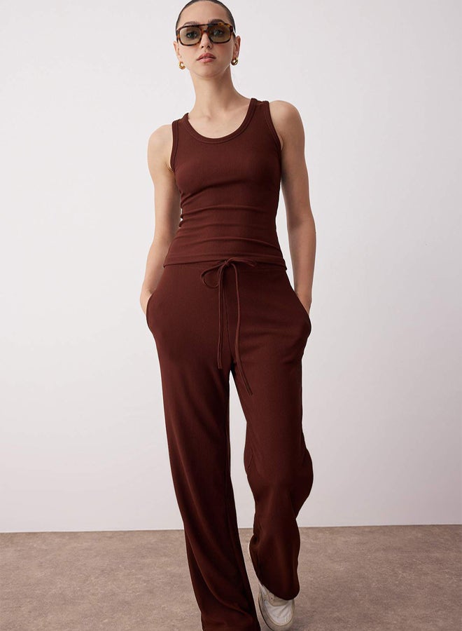 trendyol Brown Sleeveless Body Fitting Stretchy Top Elastic Waist Lace-Up Bottom Knitted Bottom -Top Set - Image 3