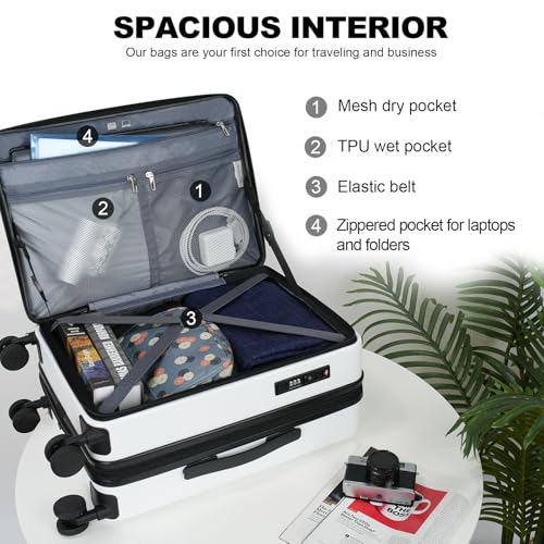 KROSER Carry On Luggage with Spinner Wheels & Built-in TSA Lock, Expandable Top Loading Hard Shell Suitcase Large Capacity Durable Rolling Luggage with USB Port, Carry-On 20-Inch, White - Image 3