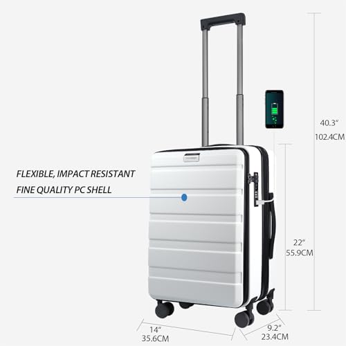 KROSER Carry On Luggage with Spinner Wheels & Built-in TSA Lock, Expandable Top Loading Hard Shell Suitcase Large Capacity Durable Rolling Luggage with USB Port, Carry-On 20-Inch, White - Image 2