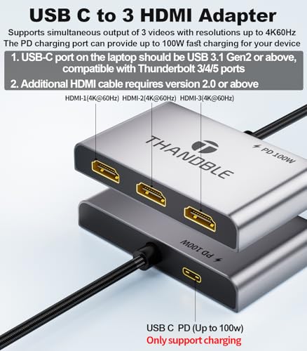THANDBLE USB C to 3 HDMI Adapter with 100W PD Charging, Triple 4K60Hz Monitor Extender for Dell/Surface Pro/HP, HDMI Splitter Extended Display Hub, Plug & Play Laptop Multi-Screen Adapter - Image 2