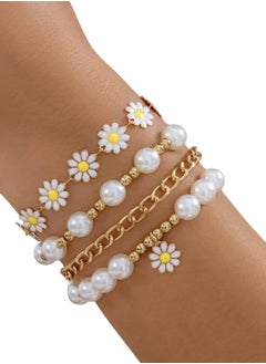 YUCCA 4pcs Flower Pearl Bracelet Set, Bohemian Style Sunflower Gold Beads Hand Jewelry Creative Beach Design Include  - Image 1
