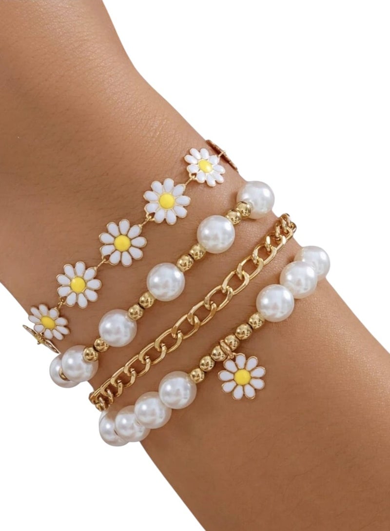 YUCCA 4pcs Flower Pearl Bracelet Set, Bohemian Style Sunflower Gold Beads Hand Jewelry Creative Beach Design Include - Image 1