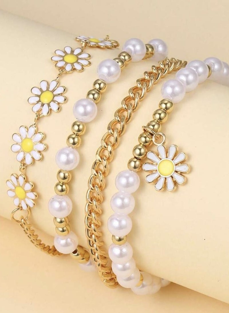 YUCCA 4pcs Flower Pearl Bracelet Set, Bohemian Style Sunflower Gold Beads Hand Jewelry Creative Beach Design Include - Image 2