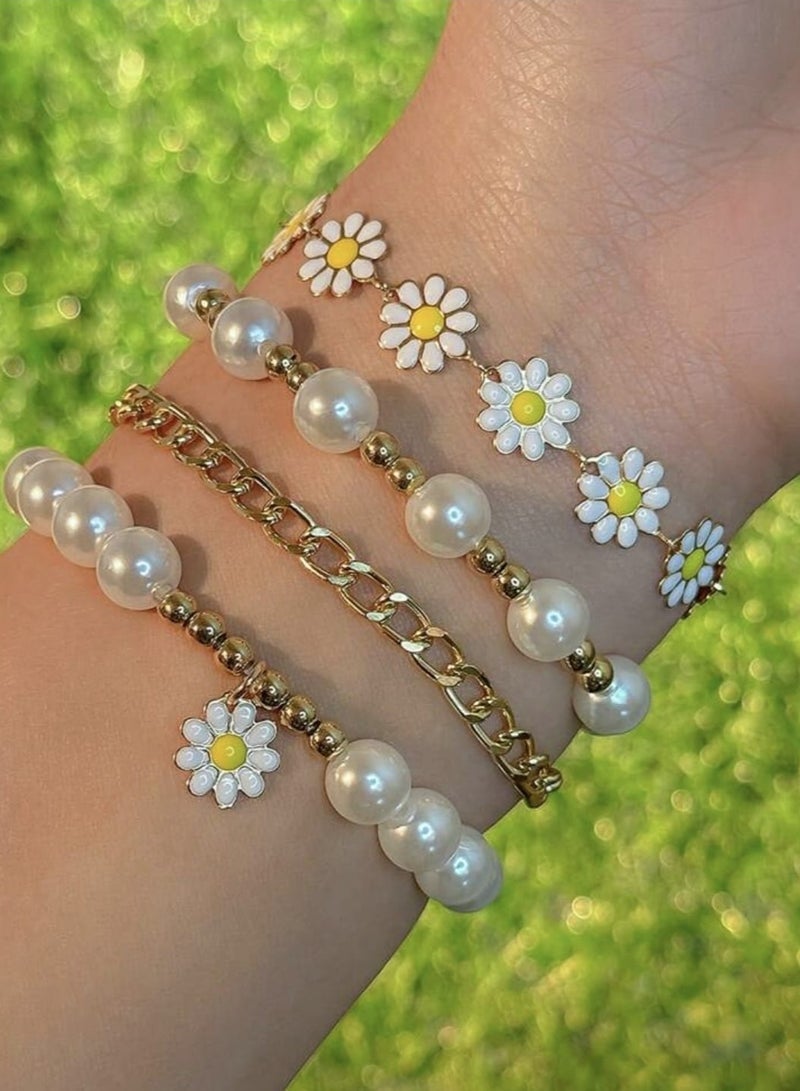 YUCCA 4pcs Flower Pearl Bracelet Set, Bohemian Style Sunflower Gold Beads Hand Jewelry Creative Beach Design Include - Image 4