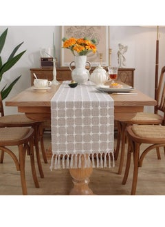 Table Runner Boho Style, Burlap Linen Handmade Rustic Table Runner, 72 Inches Long Coffee Table Runner for Dining Party Holiday, Decorative for Home Dining Tea Kitchen (Khaki Check, 13*72 Inch)
