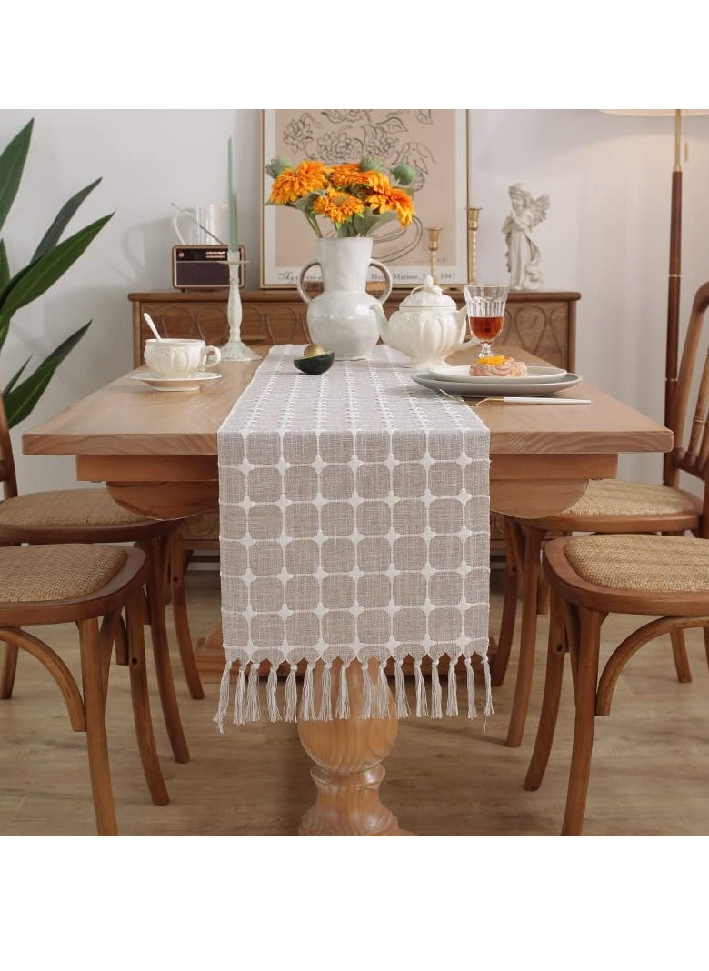 Excefore - Table Runner Boho Style, Burlap Linen Handmade Rustic Table Runner, 72 Inches Long Coffee Table Runner for Dining Party Holiday, Decorative for Home Dining Tea Kitchen (Khaki Check, 13*72 Inch) - Image 1