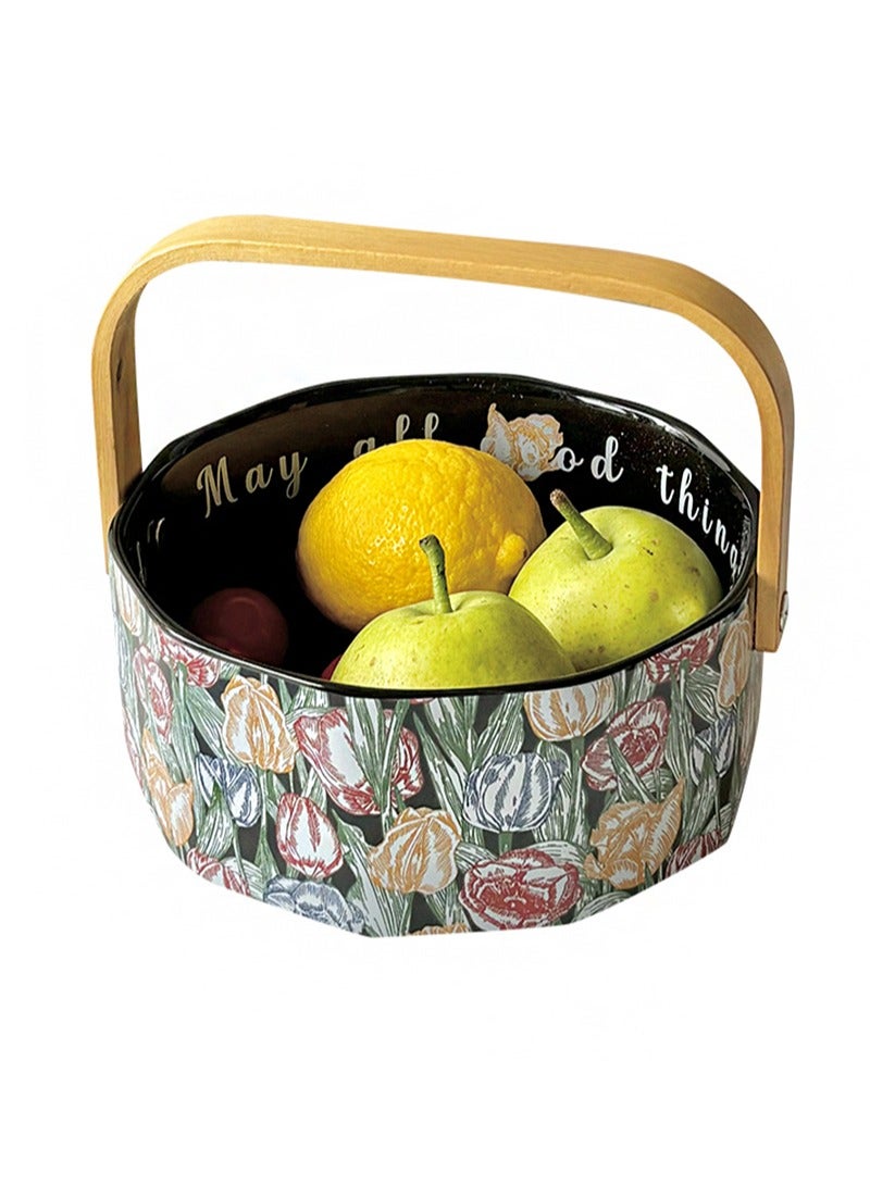 ايكانبو سلة فواكه مصنوعة يدويًا من السيراميك، حاوية فواكه وخضروات بسعة 800 مل تقريبًا، نمط زهور تحت التزجيج، حاوية تخزين فواكه مجففة من فخار المطبخ (توليب أسود) - Image 1