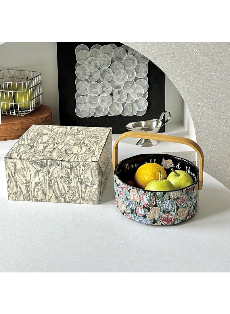 ايكانبو سلة فواكه مصنوعة يدويًا من السيراميك، حاوية فواكه وخضروات بسعة 800 مل تقريبًا، نمط زهور تحت التزجيج، حاوية تخزين فواكه مجففة من فخار المطبخ (توليب أسود) - Image 3