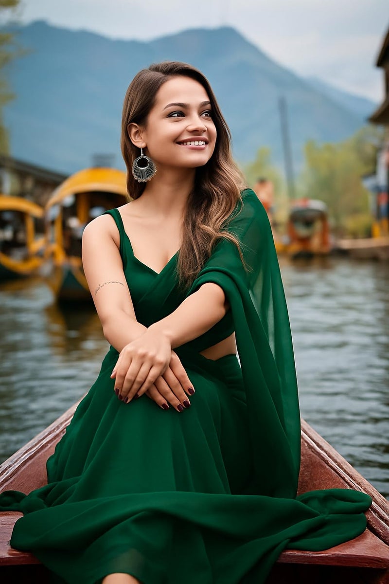 ANSHMJIMN Women's Plain Pure Georgette Saree With Unstitched Blouse Piece (Green) - Image 2