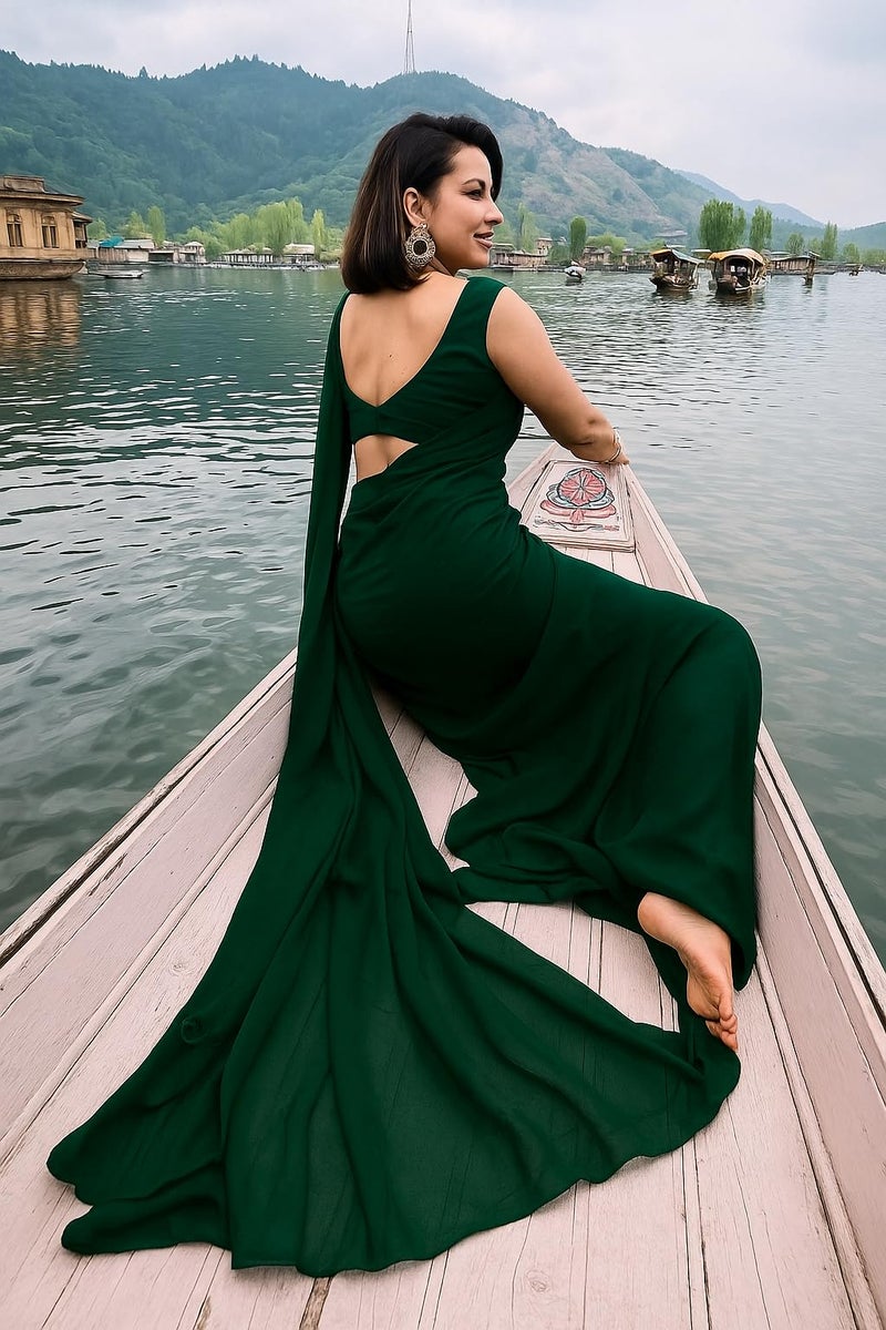 ANSHMJIMN Women's Plain Pure Georgette Saree With Unstitched Blouse Piece (Green) - Image 3