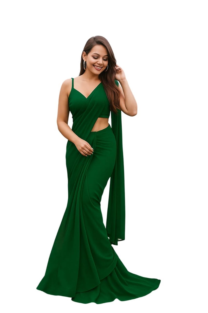 ANSHMJIMN Women's Plain Pure Georgette Saree With Unstitched Blouse Piece (Green) - Image 1