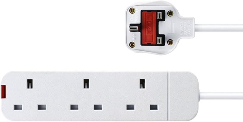 Tafan 3 Extension Sockets with 10ft Cable, 3 UK Sockets - Extension Cable with Safety Shutter and LED Indicator - 2500W, UK Plug Extension (White) - Image 1