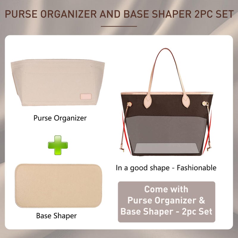Doxo Purse Organizer Insert for Handbags & Base Shaper 2pc Set,Felt Organizer Insert Large Tote,Bag Organizer with Zipper 5 Sizes,Fit Speedy Neverfull MM/City33 and More(Beige-L-Combination) - Image 3