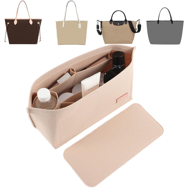 Doxo Purse Organizer Insert for Handbags & Base Shaper 2pc Set,Felt Organizer Insert Large Tote,Bag Organizer with Zipper 5 Sizes,Fit Speedy Neverfull MM/City33 and More(Beige-L-Combination) - Image 1