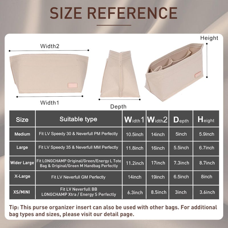 Doxo Purse Organizer Insert for Handbags & Base Shaper 2pc Set,Felt Organizer Insert Large Tote,Bag Organizer with Zipper 5 Sizes,Fit Speedy Neverfull MM/City33 and More(Beige-L-Combination) - Image 2