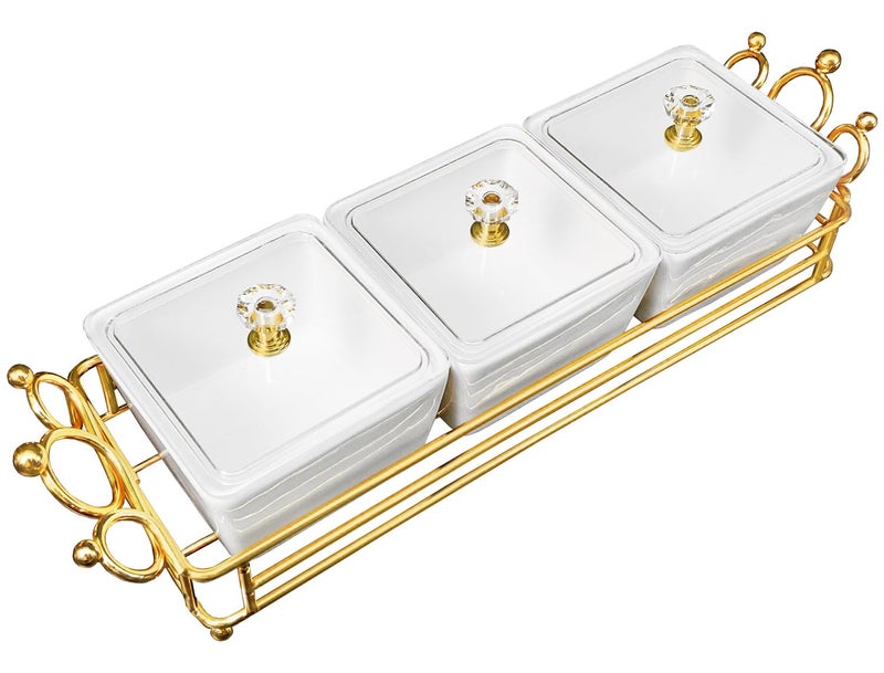 YA JU Ceramic Bowls and with Lid Gold Basket Trays, 3 Removable Small Bowls Condiment Trays Nut Serving Set for Snacks, Fruits, Candy and Condiments - Great for Parties, Holiday Gifts, White - Image 1