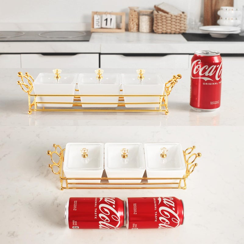 YA JU Ceramic Bowls and with Lid Gold Basket Trays, 3 Removable Small Bowls Condiment Trays Nut Serving Set for Snacks, Fruits, Candy and Condiments - Great for Parties, Holiday Gifts, White - Image 3