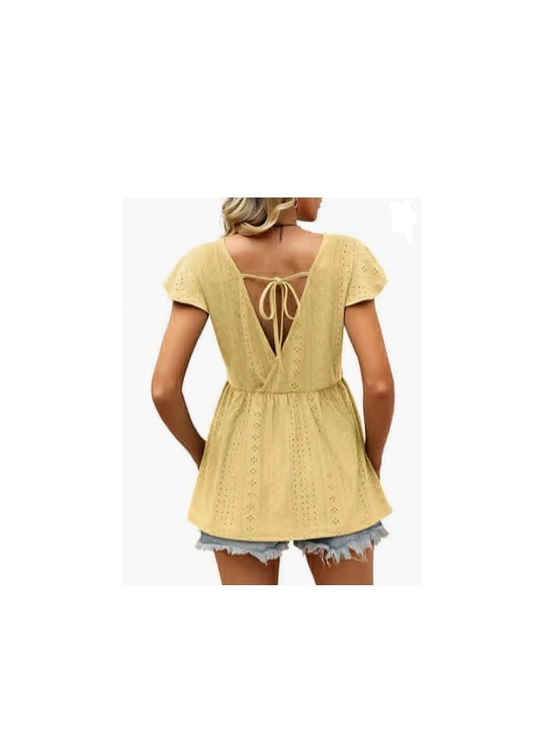 Loquat Summer New Women's Hollowed Oout Lotus Sleeve Waist Cinched Casual Blouse  - Image 2
