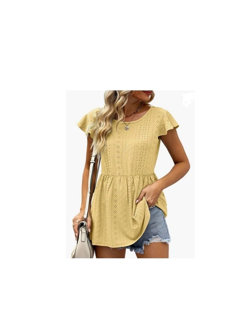 Loquat Summer New Women's Hollowed Oout Lotus Sleeve Waist Cinched Casual Blouse  - Image 1