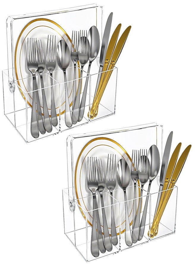 Limbeuuu 2 Pack Silverware Organizer, Paper Plate Holders, Cutlery and Flatware Caddy for Countertop, Table, Buffet, and Picnic - Acrylic Party Utensil Holder for Knives, Forks, Spoons, Plates, Napkins - Image 1