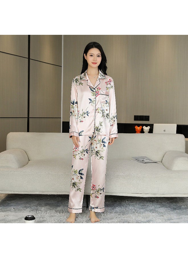 Generic - Women's Floral Print Satin Elegant Pajama Set, Short Sleeve Buttons Lapel Top & Pants, Comfortable Relaxed Fit - Image 1