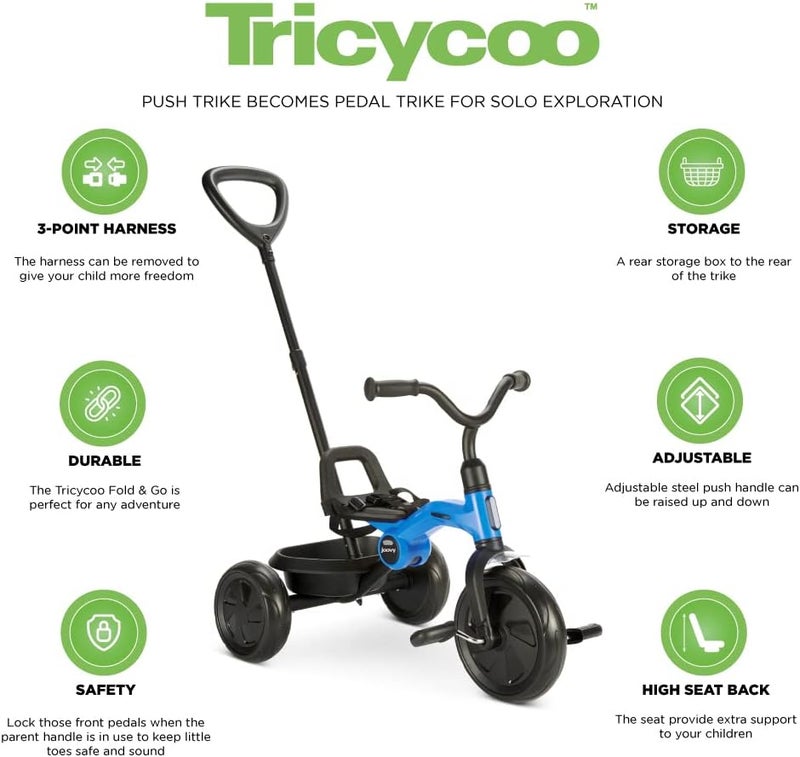 Joovy Tricycoo Fold Go Toddler Tricycle Featuring Removable Adjustable Push Handle Lockable Pedals HeightAdjustable Seat 3Point Safety Harness and Rear Storage Box Blueness 276x185x37 - Image 5