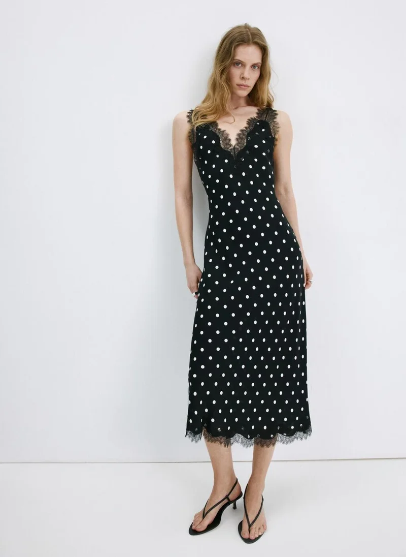 مانجو Polka Dot Dress With Lace Detail