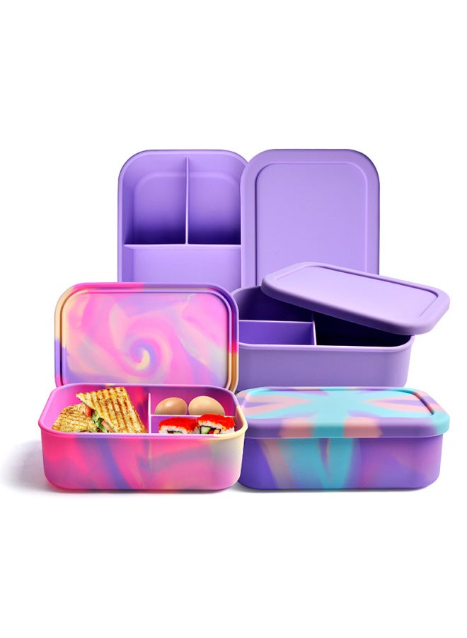 Dielectric Sealed Storage Box Food Grade Silicone Lunch Box Microwave Heating Lunch Lunch Box Refrigerator Preservation Box-Specifications:210mm*140mm*70mm-Color:Pink, Purple And Blue Rice Pattern Lunch Box - Image 3