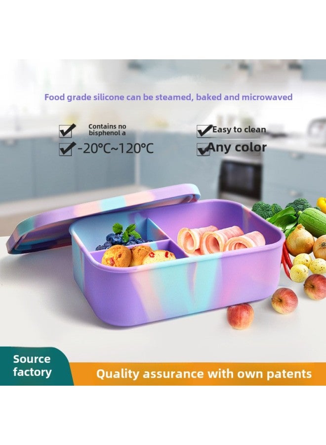 Dielectric Sealed Storage Box Food Grade Silicone Lunch Box Microwave Heating Lunch Lunch Box Refrigerator Preservation Box-Specifications:210mm*140mm*70mm-Color:Pink, Purple And Blue Rice Pattern Lunch Box - Image 2