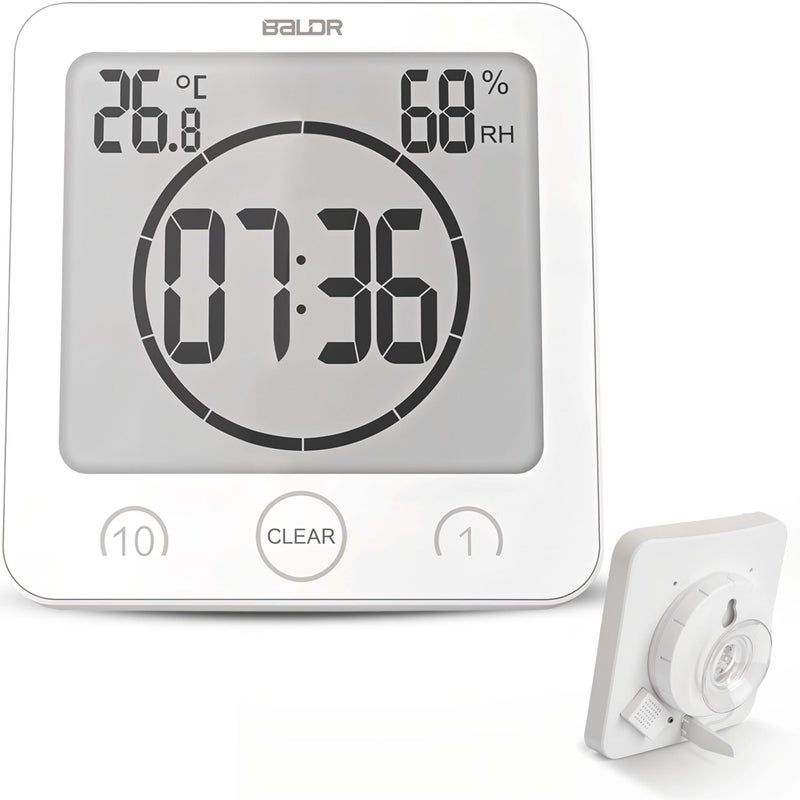 BALDR Waterproof Alarm Clock with Timer for Bathroom Shower Wall Mounted LCD Clock Displays Time Temperature Indoor Relative Humidity