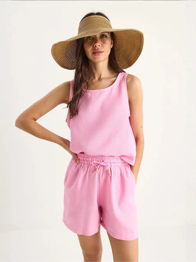 Bianco Lucci Bright Pink LUCCI Textured Cotton Two-Piece Coord Set with Crew Neck for Women | Best Price UAE