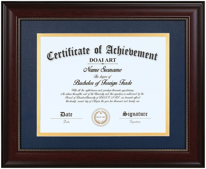 85 X 11 DIPLOMA FRAME CLASSIC MAHOGANY DISPLAY 85X11INCH WITH BLUE OVER GOLD MAT OR 11X14 DOCUMENT CERTIFICATE WITHOUT MATWIDE MOLDING GOLD BEADS HANGING HARDWARE INCLUDED TABLETOP