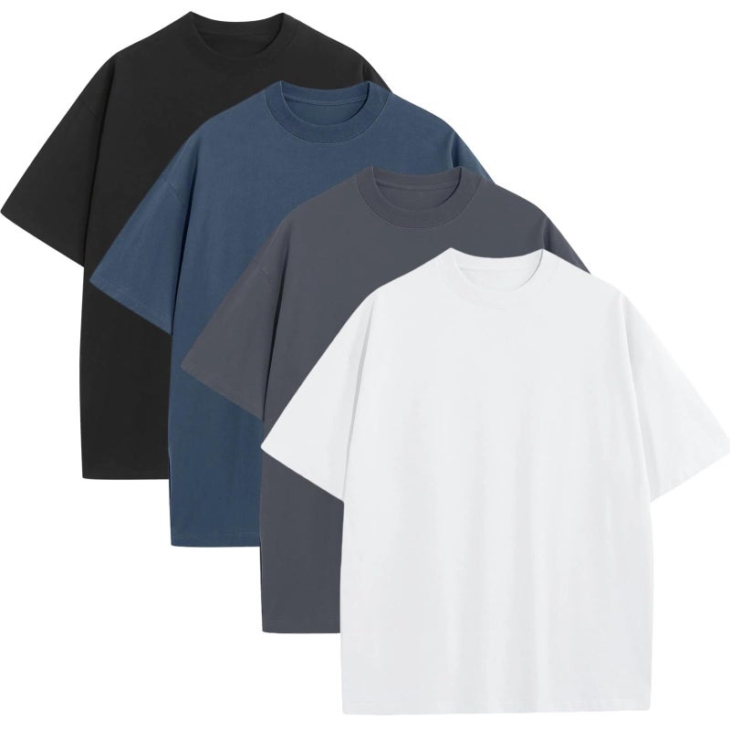 SnowElve 4 Pack Men's Oversized T-Shirts Heavyweight Cotton Tee Crew Neck Short Sleeve T Shirts Loose Fit Basic Essential Soft Classic Tees (WTDMGYBK,L) - Image 1