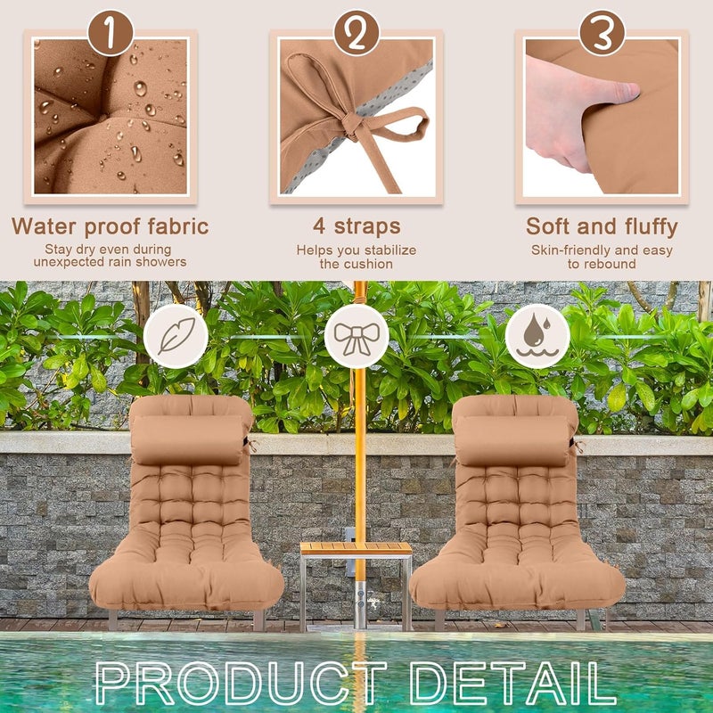 Tudomro 1 Pcs Brown 66'' Outdoor Chaise Lounge Cushion Waterproof Patio Lawn Pool Chaise Lounge Cushion with Headrest Pillow & Ties Weather Fade Resistant Replacement Longue Chair Pad - Image 4
