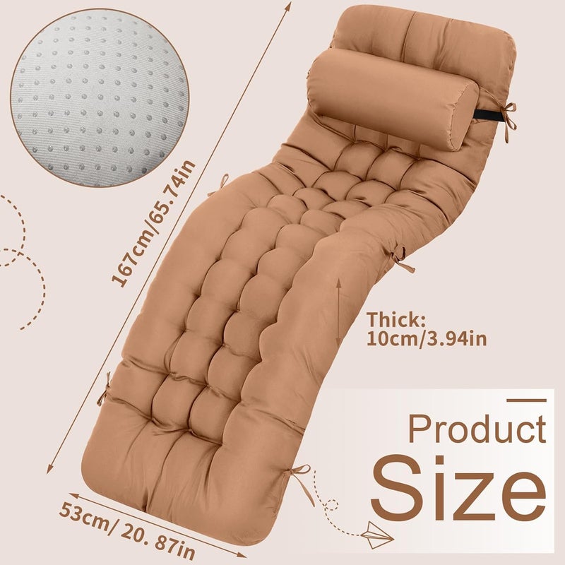 Tudomro 1 Pcs Brown 66'' Outdoor Chaise Lounge Cushion Waterproof Patio Lawn Pool Chaise Lounge Cushion with Headrest Pillow & Ties Weather Fade Resistant Replacement Longue Chair Pad - Image 2